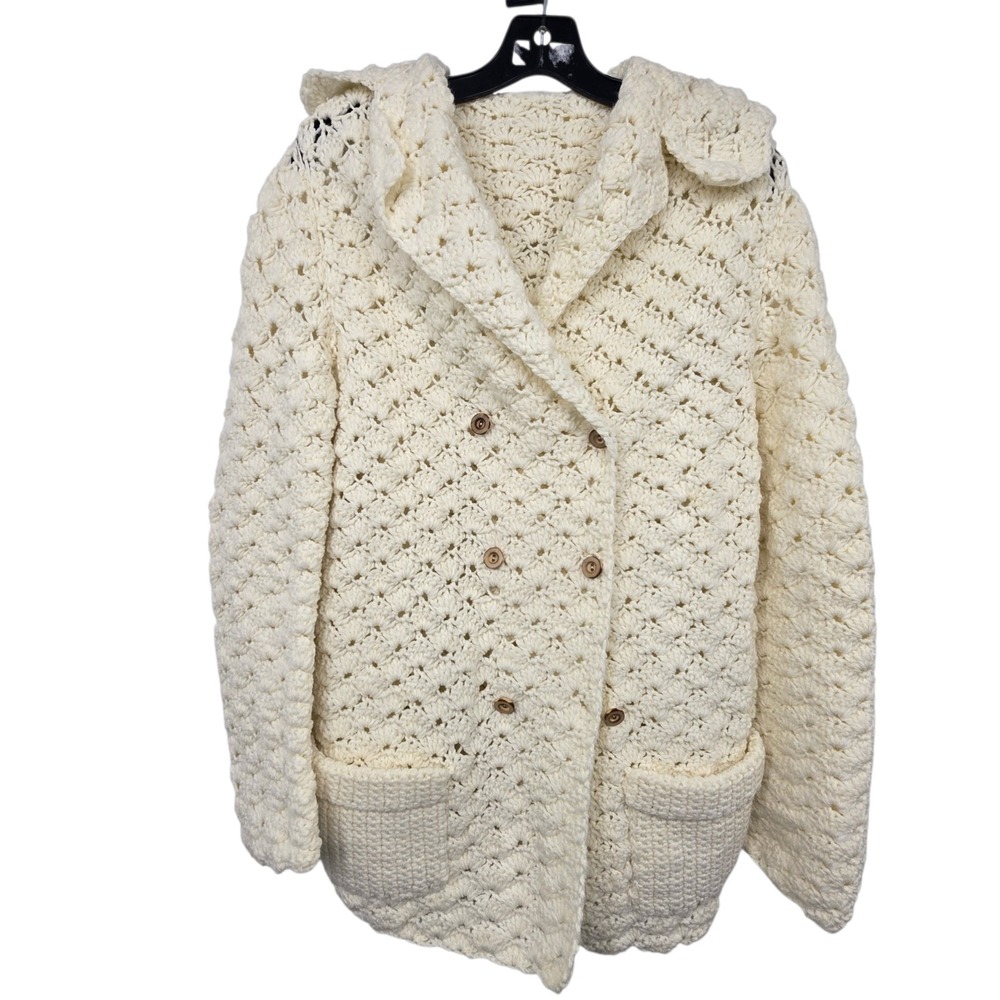 Vintage Crocheted Cardigan Sweater Women's M / L Ivory Buttons Pockets Handmade